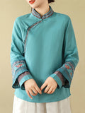 Women's Embroidery Stand Collar Cotton Linen Long Sleeve Shirt