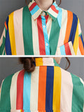 Rainbow Stripes Irregular Hem Lapel Shirt + Swing Skirt for Women