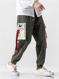 Crane Embroidery Red Cloth Multi-Pocket Pants for Men