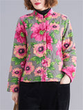 Female Sunflower Print Vivid Stand-up Collar Quilted Coat