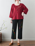 Female Ethnic Style Ginkgo Leaf Embroideried 3/4 Sleeve Shirt