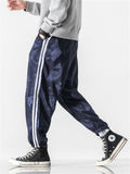 Male Chinese Style Loong Print Striped Ice Silk Pants