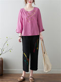 Female Ethnic Style Ginkgo Leaf Embroideried 3/4 Sleeve Shirt