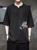 Lotus Flower Dragonfly Embroidered Men's Half Sleeve Shirts