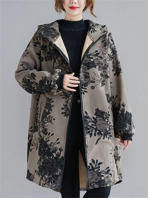 Women's Fleece Relaxed Hooded Floral Coats