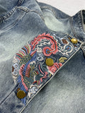 Women's Mythical Phoenix Embroidery Stand Collar Blue Denim Jacket