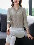 Elegant Puff Sleeve Floral Pattern Faux Silk Shirt for Women