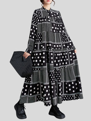 Women's Black & White Polka Dot Plaid Pleated Dress