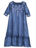 Women's Diamond Embroidery Half Sleeve Ruffle Blue Denim Dress