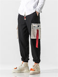 Crane Embroidery Red Cloth Multi-Pocket Pants for Men