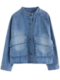 Women's Single Breasted Flap Pockets Denim Short Jacket