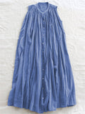 Female Simple Cotton Crew Neck Sleeveless Pleated A-Line Dress