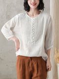 Retro Pleated Crew Neck Linen Short Sleeve Shirt for Female