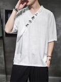 Men's Retro Linen V Neck Hanzi Embroidered Summer Shirt