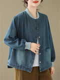 Women's Autumn Washed Blue Denim Baseball Jacket