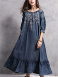 Women's Diamond Embroidery Half Sleeve Ruffle Blue Denim Dress