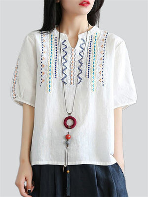 Female Ethnic Style Cotton Linen Short Sleeve V-neck Shirts