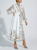 Ethnic Bird & Flower Print Lantern Sleeve Lace Up Dress for Women