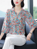 Elegant Ruffled Collar 3/4 Sleeve Floral Pattern Shirt for Women