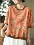 Women's Linen Silky Round Neck Short Sleeve Print Shirt