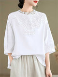 Retro Lace Patchwork Neck Lantern Sleeve Loose Shirts for Women