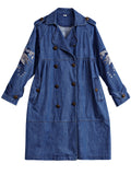 Women's Stylish Peacock Embroidery Double Breasted Denim Coat