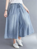 Female Lightweight Elastic Waist Drawstring Wide Leg Jeans