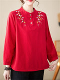 Women's Cute Flowers Embroidery Cotton Linen Long Sleeve Shirt