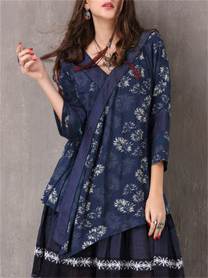 Women's Ethnic Style Irregular Hem Lace-Up Floral Shirt