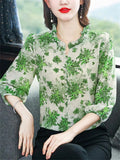 Elegant Ruffled Collar 3/4 Sleeve Floral Pattern Shirt for Women