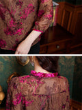 Rose Red Stand Collar Lantern Sleeve Retro Chiffon Shirt for Female