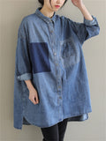 Women's Blue Single-Breasted Lapel Oversized Stylish Denim Shirt