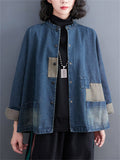 Distressed Patch Splicing Female Snap Button Denim Jacket