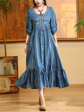 Ladies Elegant Scoop Neck High-Rise Ruffled Hem Denim Dress