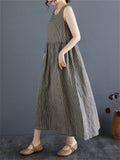 Retro Plaid Sleeveless Cotton Linen Midi Dress for Women