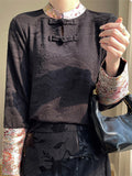 Spring Patchwork Stand Collar Long Sleeve Shirt for Women