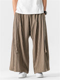 Men's Chinese Style Cotton Striped Wide Leg Pants with Strap