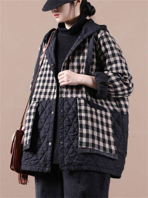 Leisure Plaid Patchwork Hooded Padded Coats for Ladies