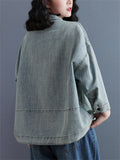 Women's Light Blue Patch Pocket 3/4 Sleeve Trendy Denim Jacket