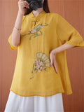 Chinese Style Peach Blossom Fan Embroidery Female Half Sleeve Shirt