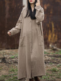 Lady Pure Color Literary Long Hooded Jacket with Pockets