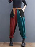 Women's Red Green Contrast Color Patch Pocket Denim Harem Pants