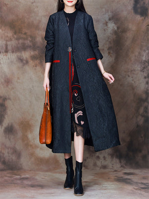 Vintage Black Tassel Design V Neck Jacquard Overcoat for Women