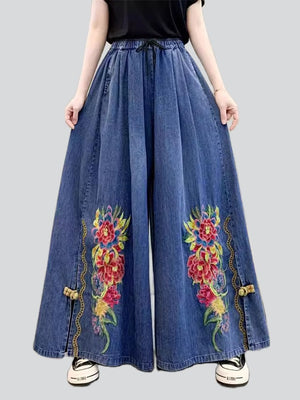 Female Ethnic Style Peony Embroidered Denim Wide Leg Pants