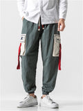 Crane Embroidery Red Cloth Multi-Pocket Pants for Men