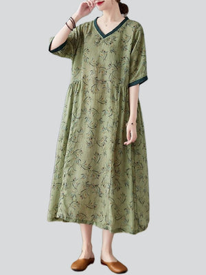 Female Retro Print V Neck Short Sleeve Linen Loose Dress