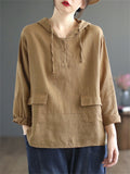 Plain Cotton Linen Long Sleeve Hooded Shirt for Women