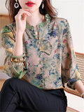 Women's Ginkgo Leaf Print Pleated Collar Long Sleeve Retro Green Shirt