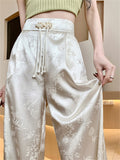 Female Bamboo Leaf Jacquard Satin Wide-Leg Pants