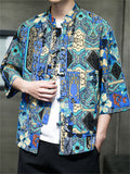 Men's Ethnic Style Print Stand Collar Knot Button Shirt